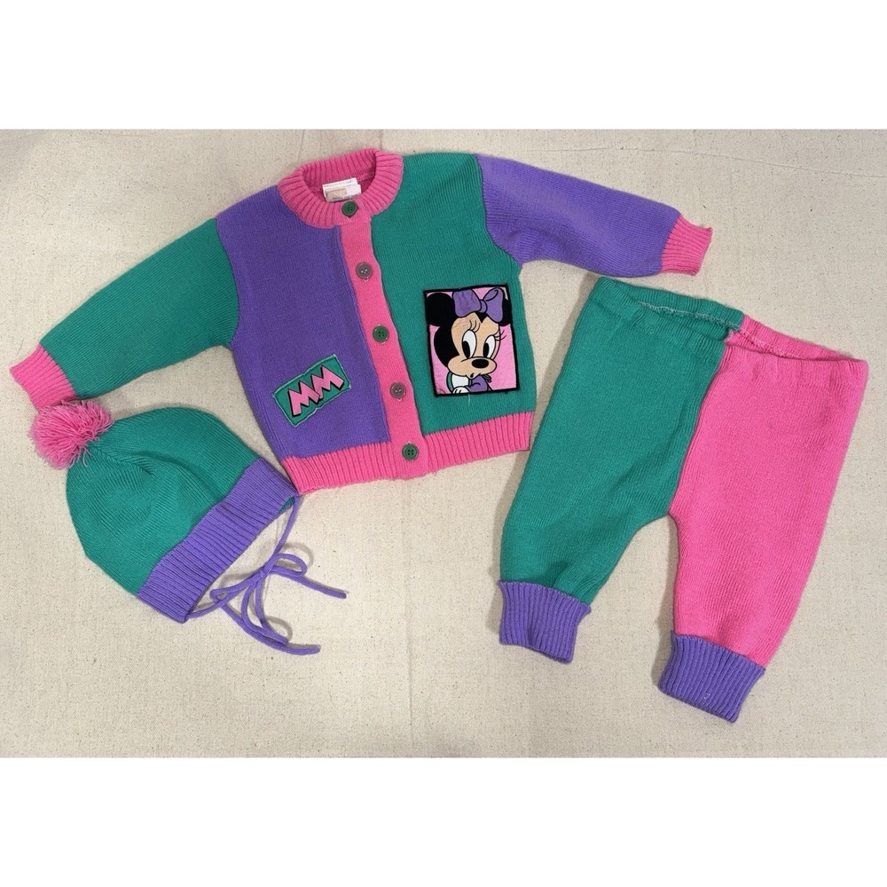 1984 Vtg Disney Babies Minnie Mouse Knit ColorBlock Cardigan Pants Hat Set 0-6M